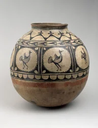 Chochiti förvaringsburk (olla) med fåglar i ramar, ca 1885 (keramik)